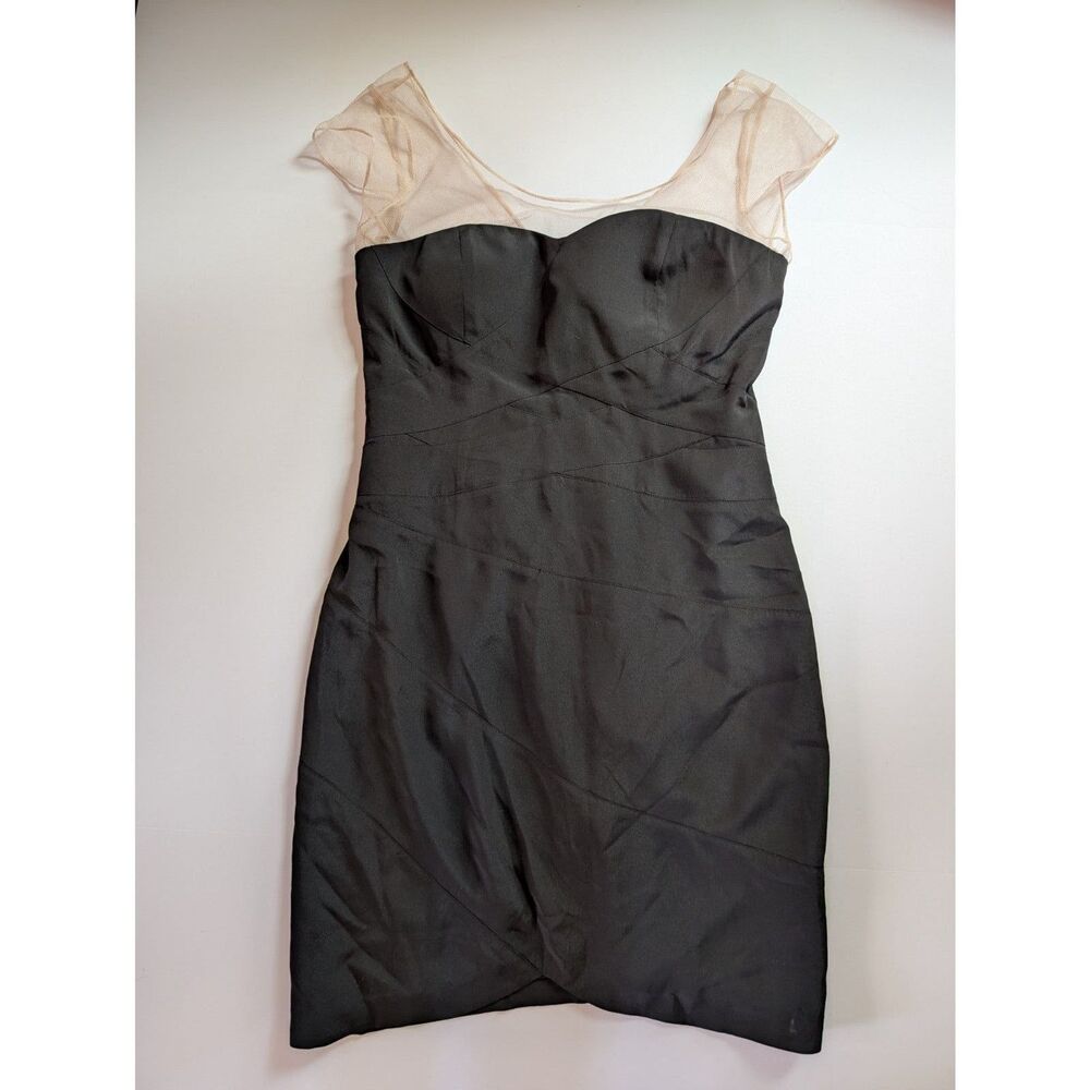 Gianni Bini Black Satin Illusion Mesh Bodycon Cocktail Dress Women’s Size 6